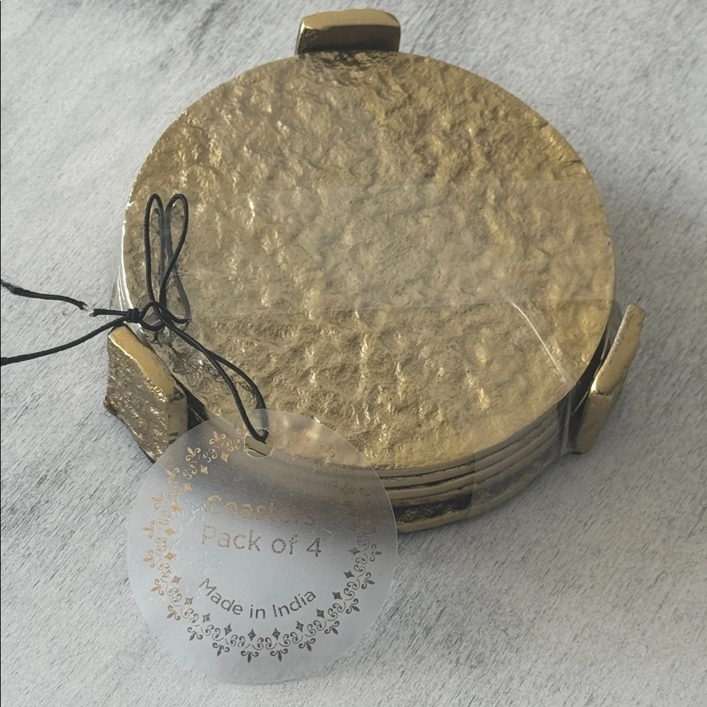 Gold Textured Hammered Metal Round Coaster Set of 4 on Standard India D 3.75